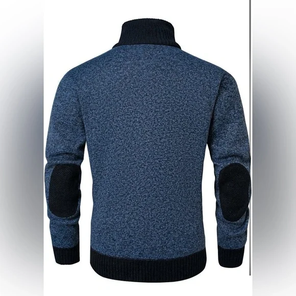 Men's Blue and Black Zip-Up Cardigan Sweater - Picture 2 of 7